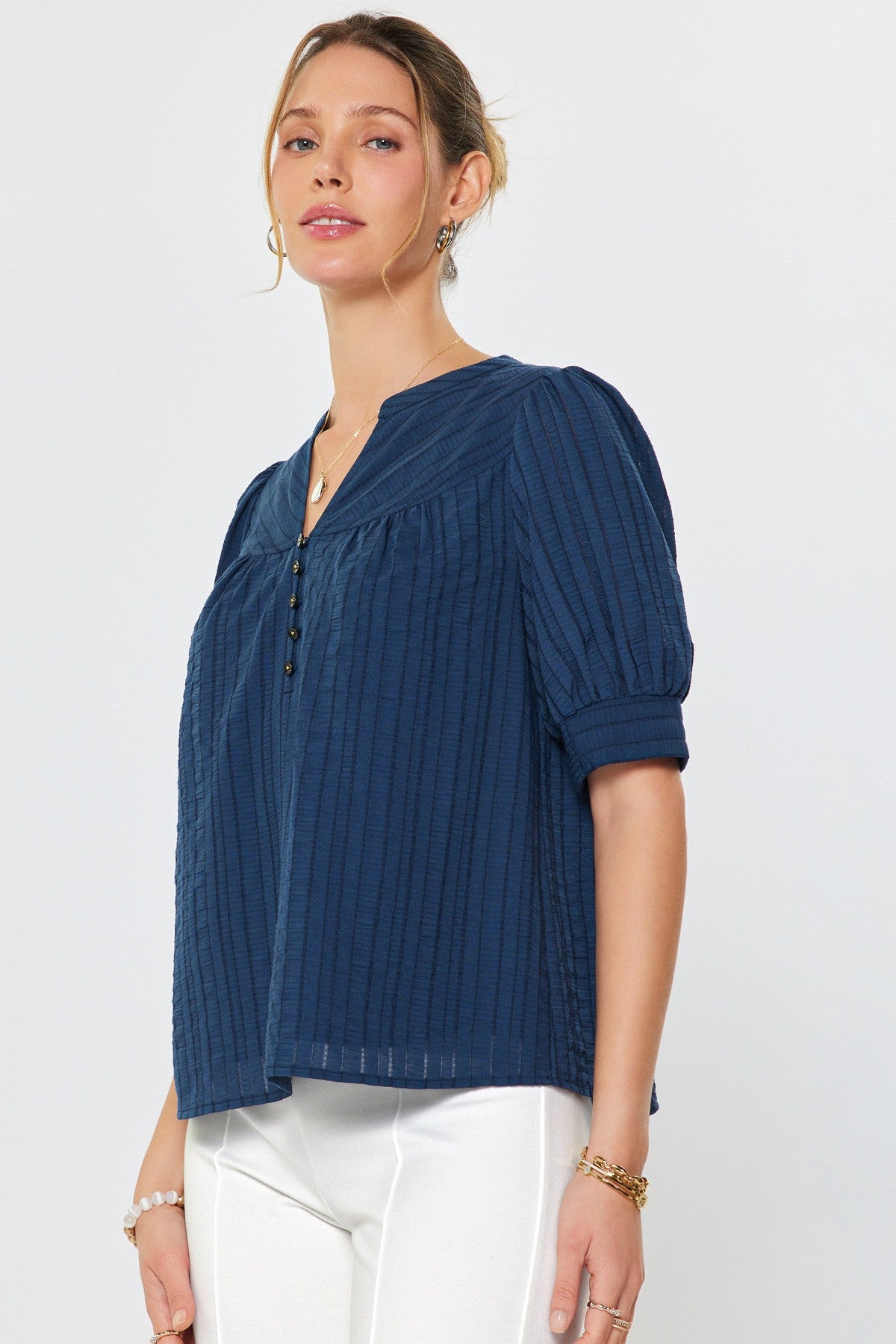 Textured Short Sleeve Blouse Navy