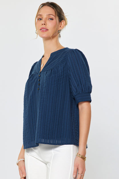 Textured Short Sleeve Blouse Navy