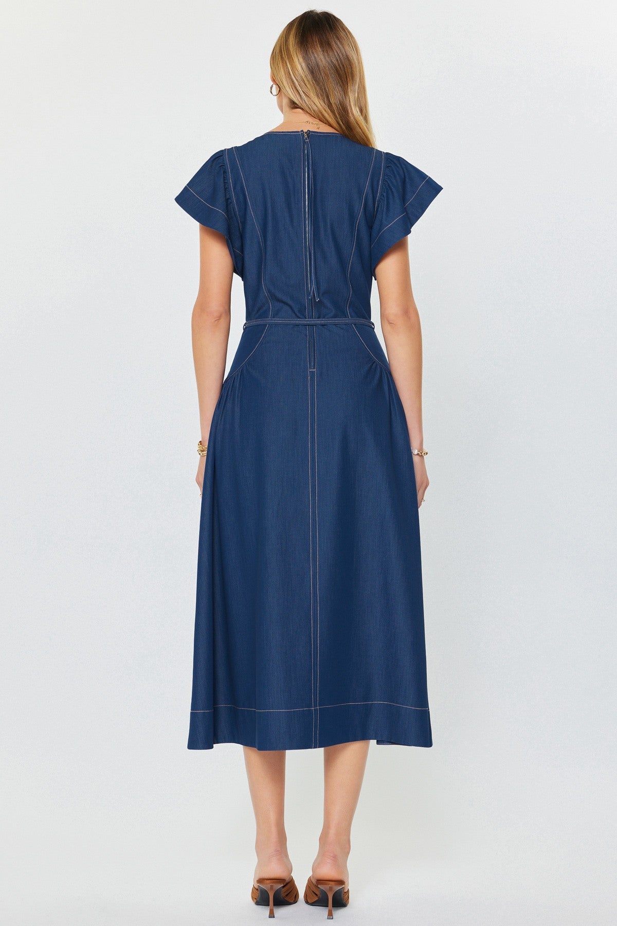 Denim Ruffled Sleeve V-neck Midi Dress