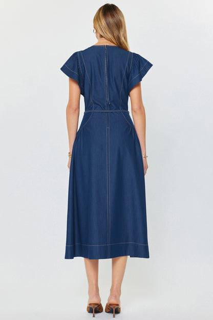 Denim Ruffled Sleeve V-neck Midi Dress