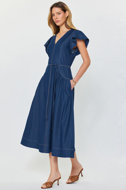 Denim Ruffled Sleeve V-neck Midi Dress