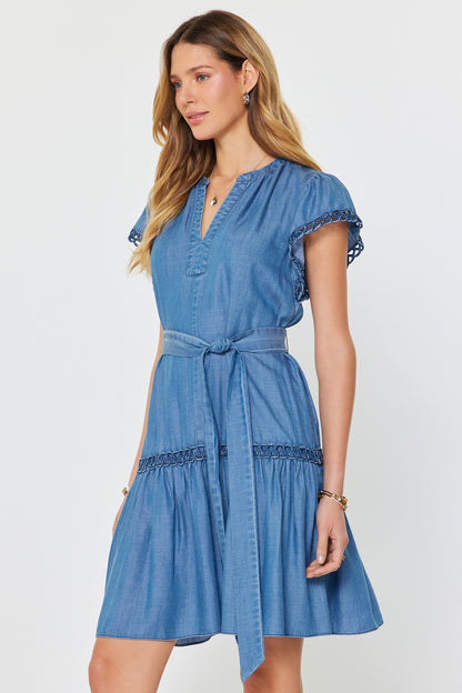 Chambray Crochet Detail Mini Dress