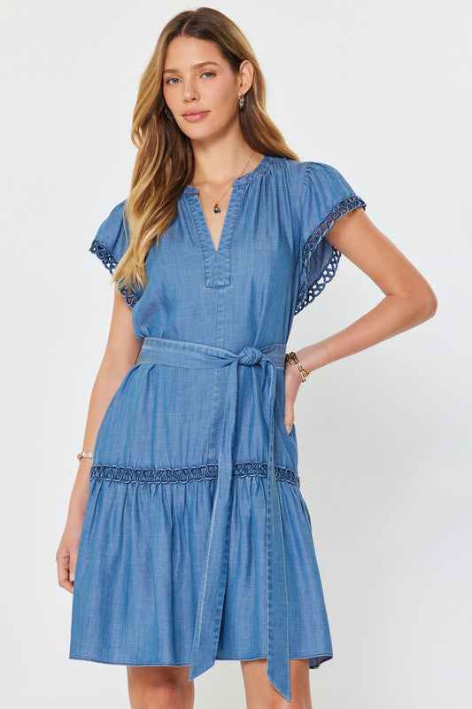 Chambray Crochet Detail Mini Dress