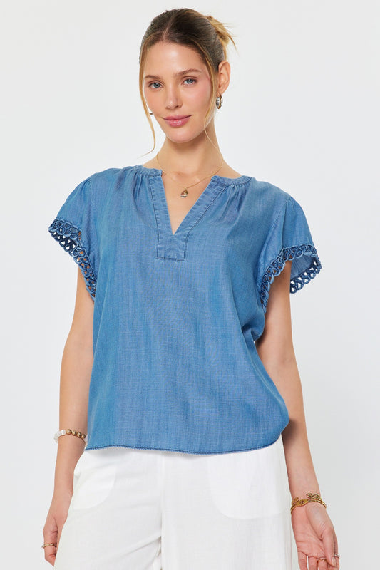 Mandarin Collar Chambray Blouse