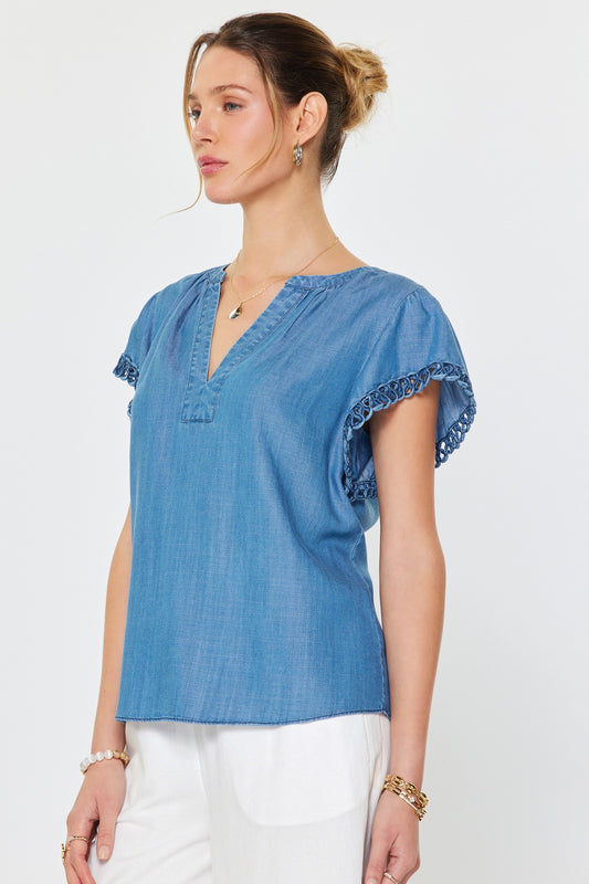 Mandarin Collar Chambray Blouse