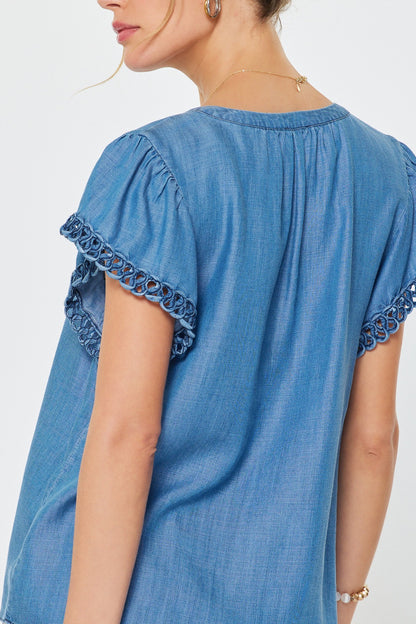 Mandarin Collar Chambray Blouse