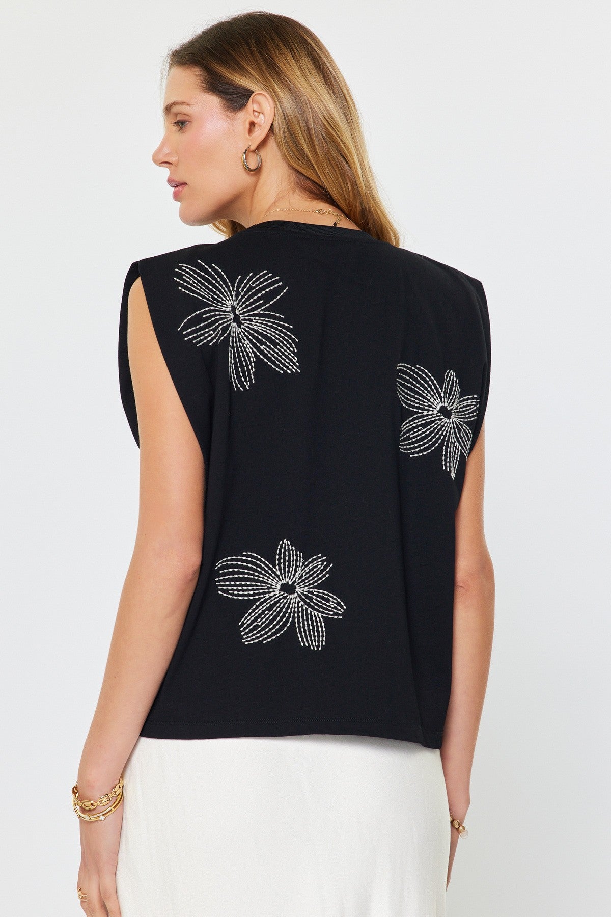 Embroidered Cotton Sleeveless Top Black