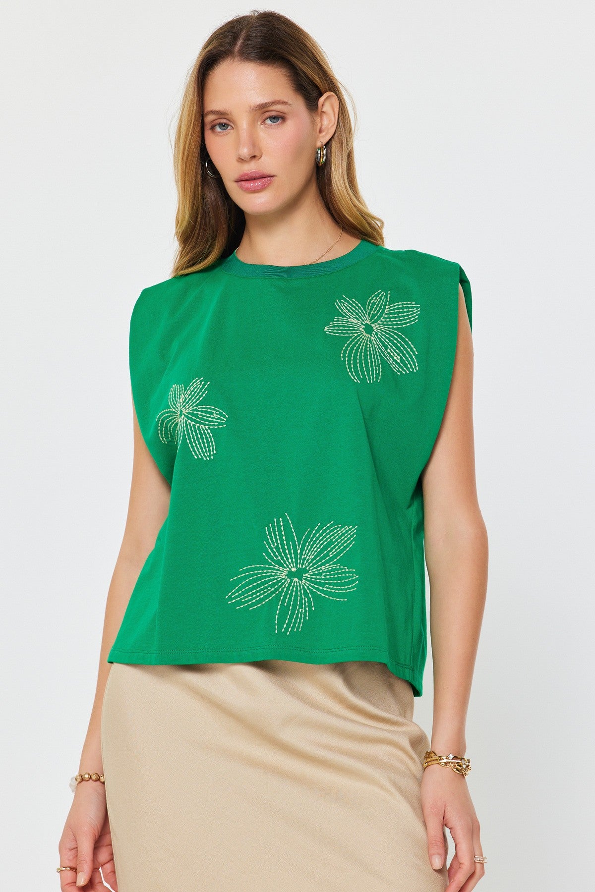 Embroidered Cotton Sleeveless Top Green