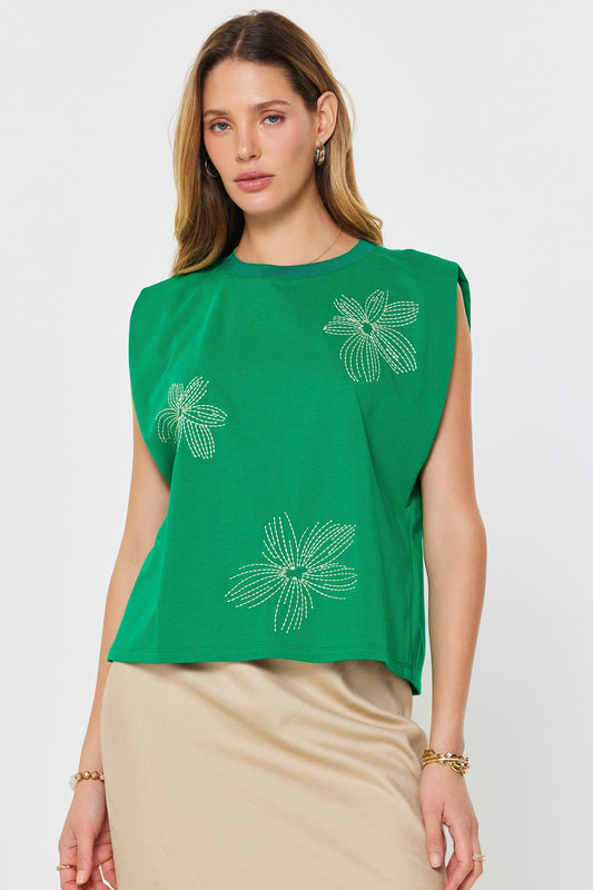 Embroidered Cotton Sleeveless Top Green