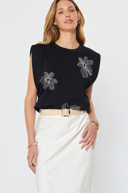Embroidered Cotton Sleeveless Top Black