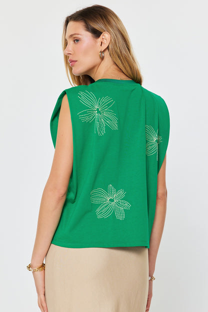 Embroidered Cotton Sleeveless Top Green