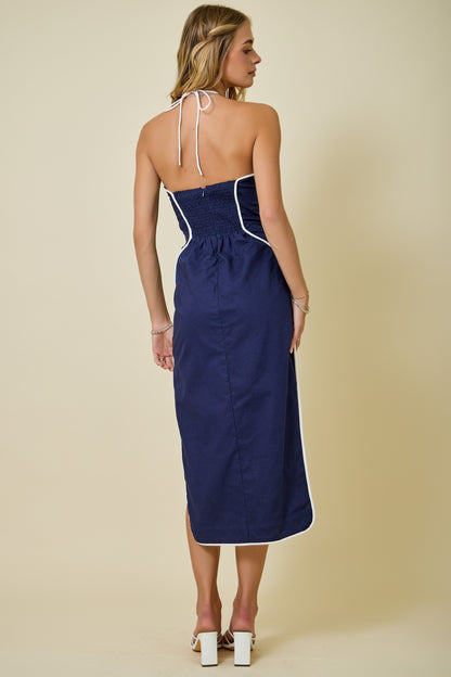 Halter Neck Dress with Contrast Piping