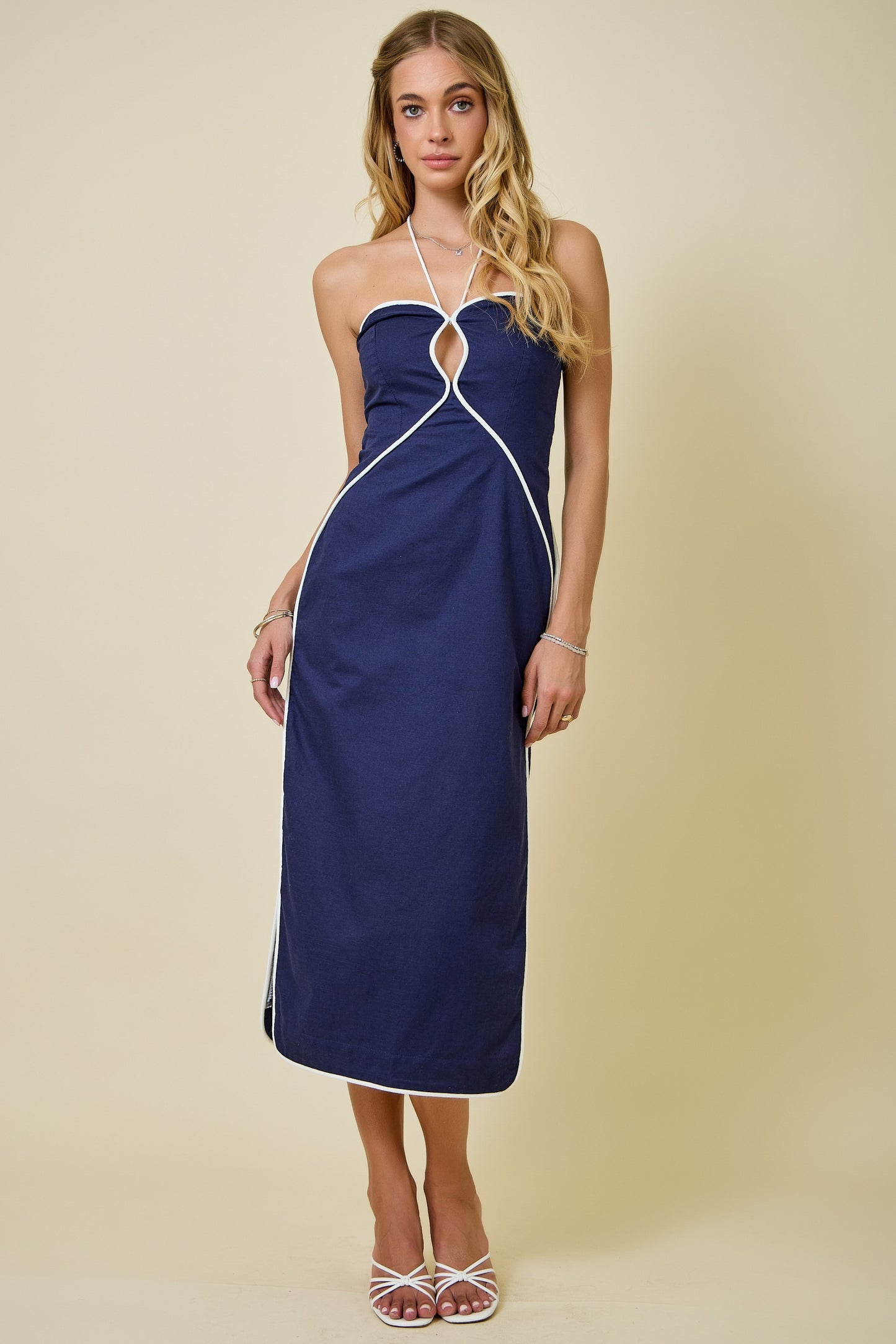 Halter Neck Dress with Contrast Piping