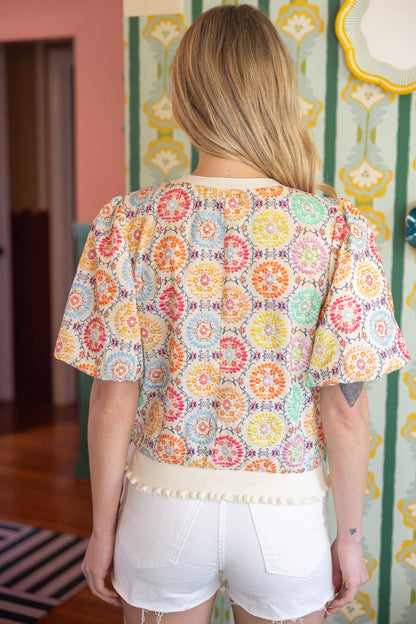 Floral Embroidered Bubble Sleeve Top