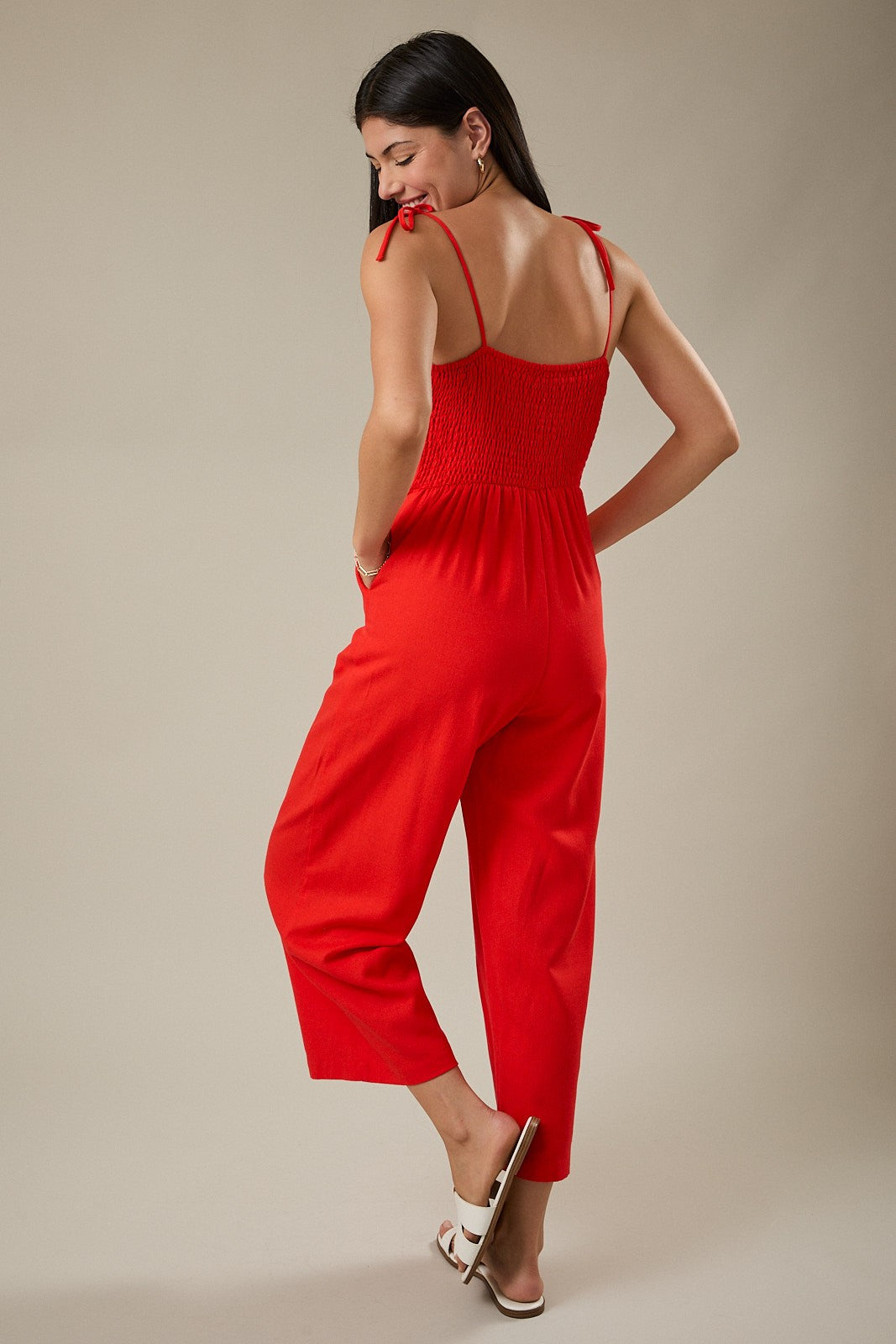 Front Pleat Smocked Back Jumpsuit