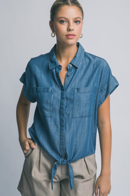 Chambray Short-sleeve Tie-front Shirt