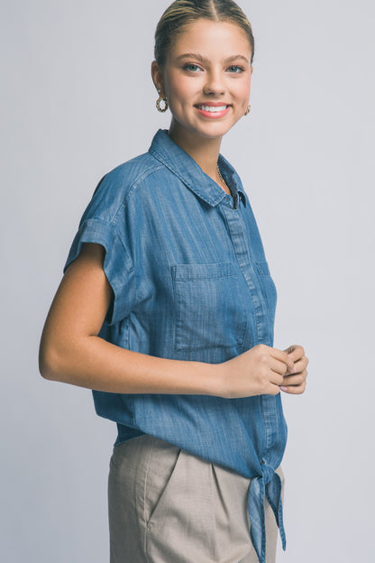 Chambray Short-sleeve Tie-front Shirt