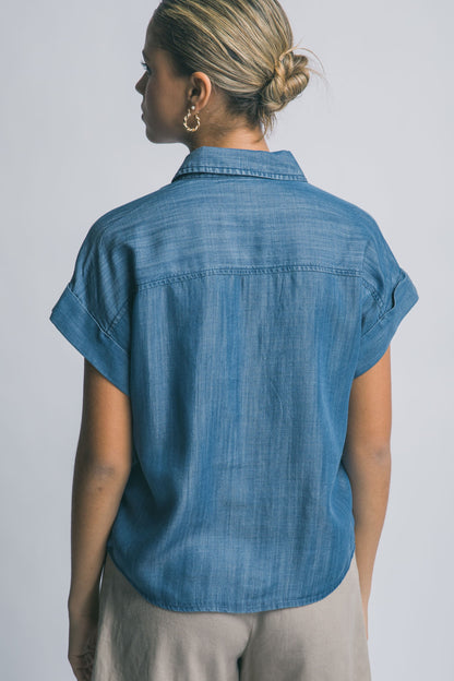 Chambray Short-sleeve Tie-front Shirt
