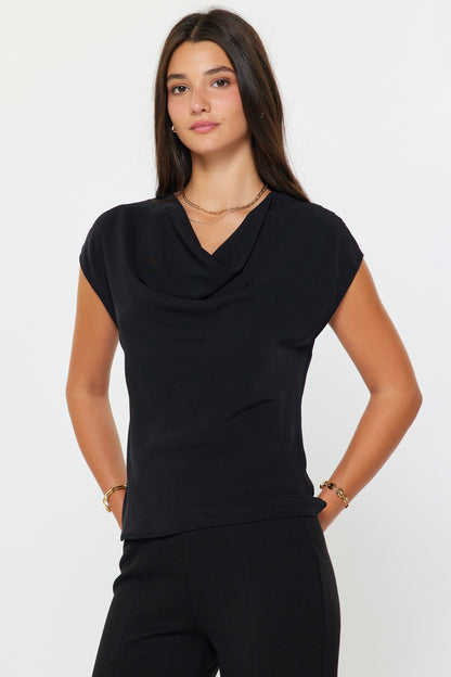 Draped Cowl Neck Top Black