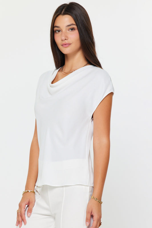 Draped Cowl Neck Top White