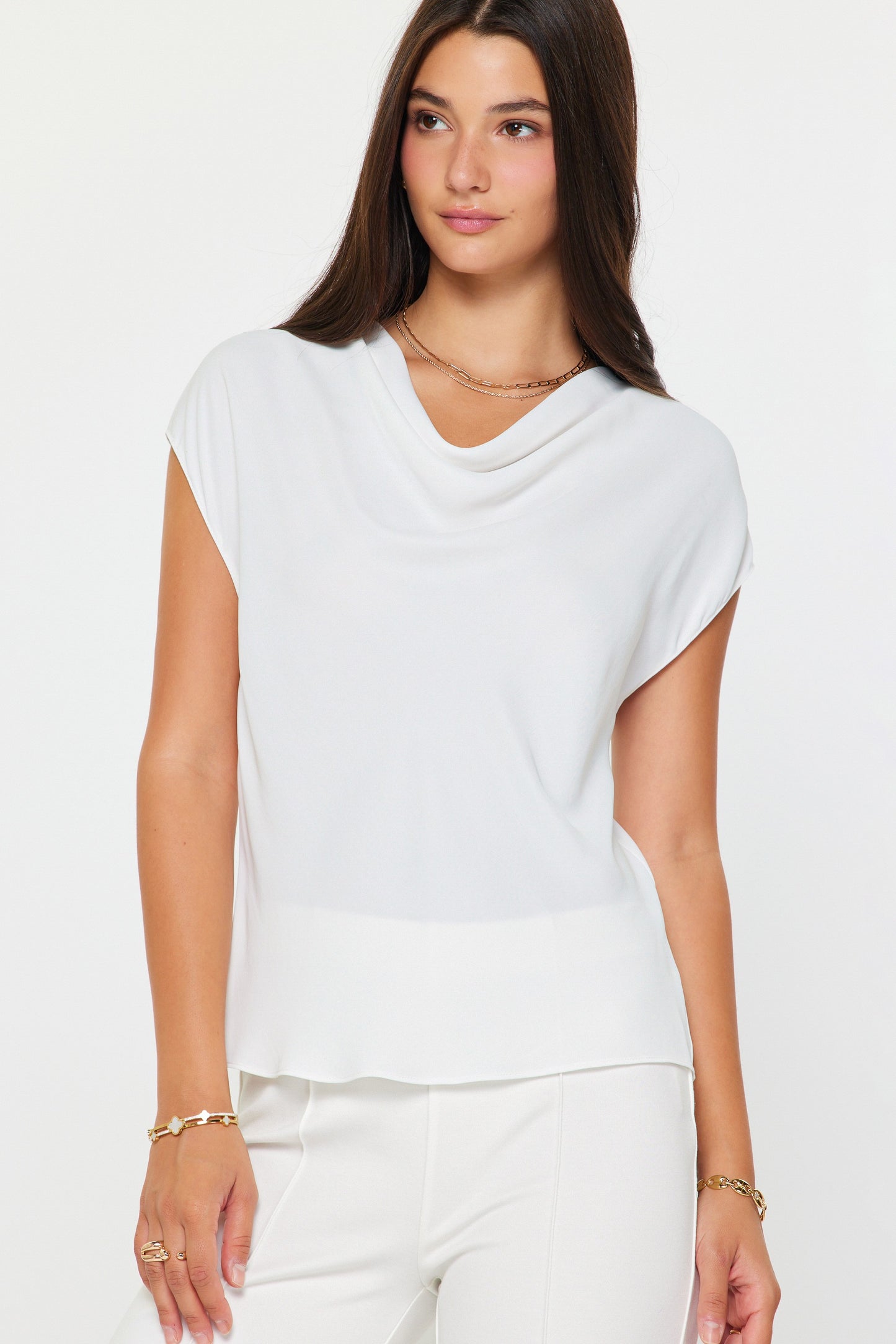 Draped Cowl Neck Top White