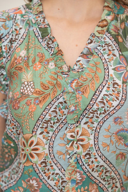 Pleated Sleeve Floral Printed Top