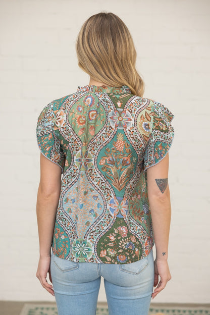 Pleated Sleeve Floral Printed Top