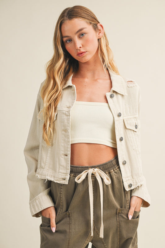 Distressed Cropped Jean Jacket Bone