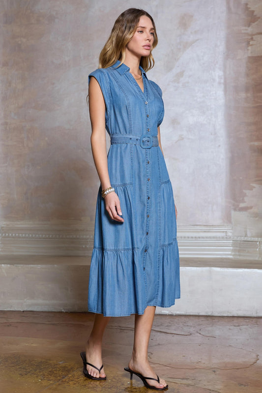 Chambray Tiered Midi Dress