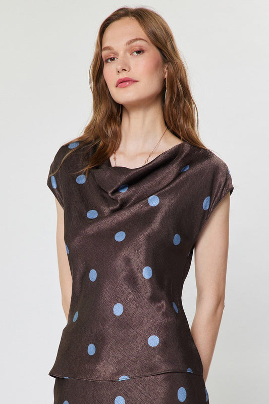 Polka Dot Cowl Neck Top Chocolate