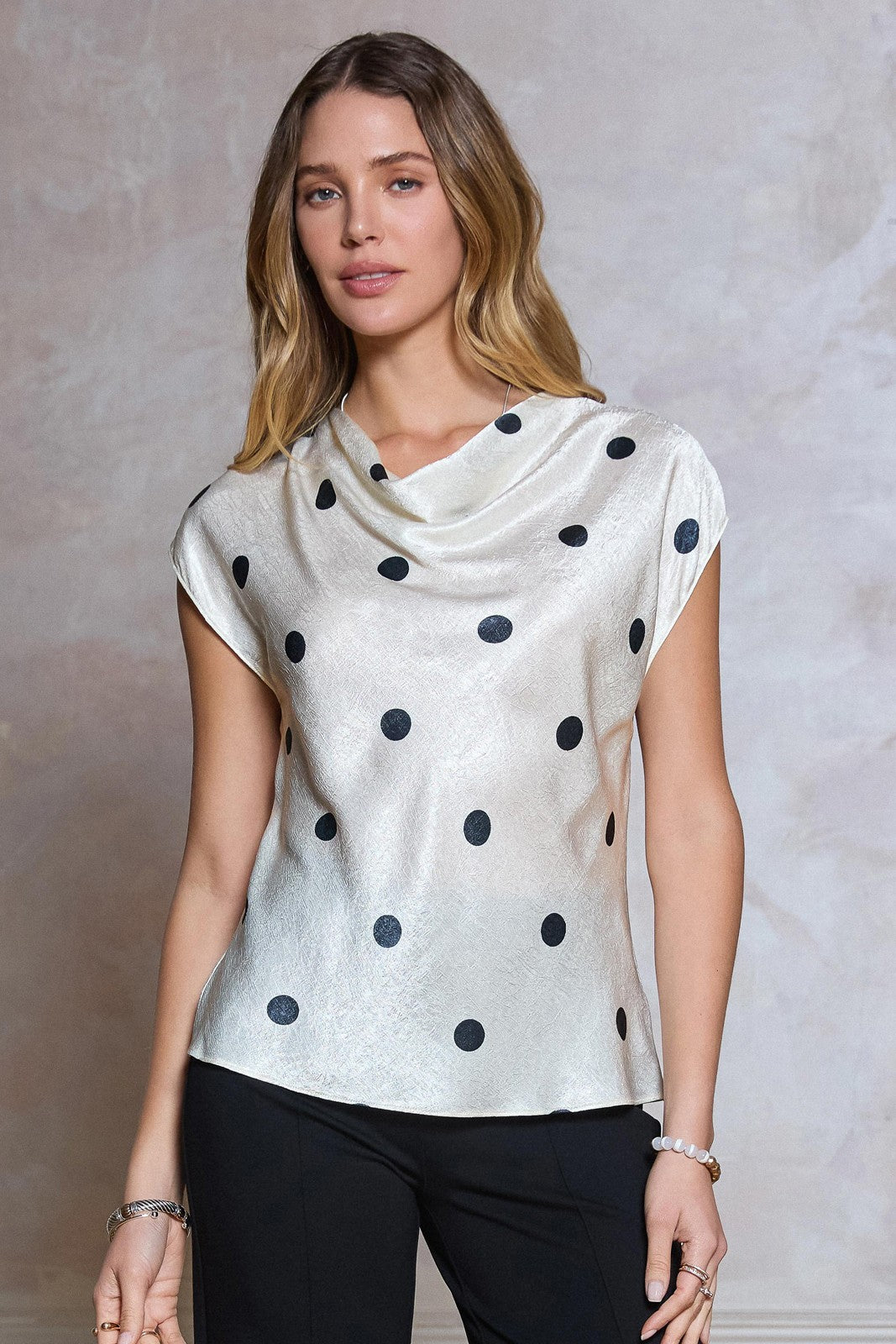 Polka Dot Draped Cowl Neck Top