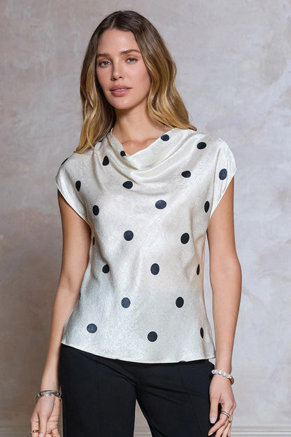 Polka Dot Draped Cowl Neck Top