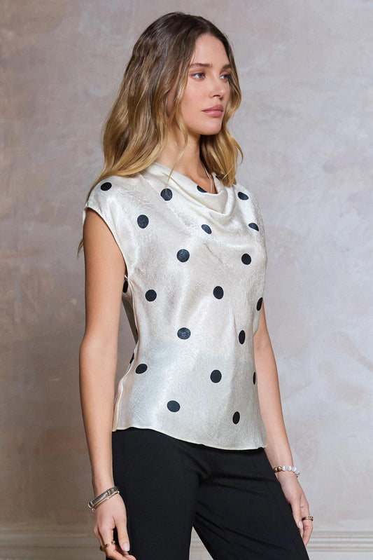 Polka Dot Draped Cowl Neck Top