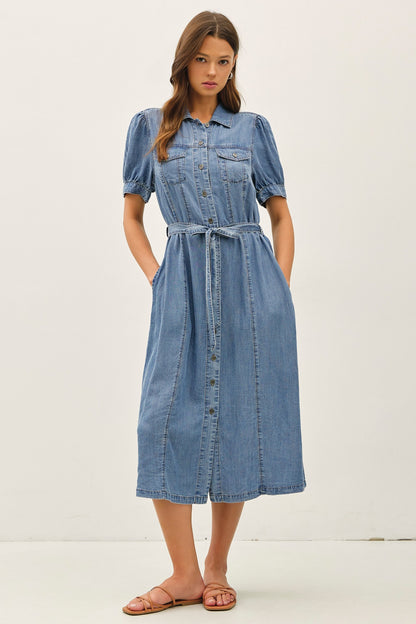 Puff Sleeved Denim Shirt Dress
