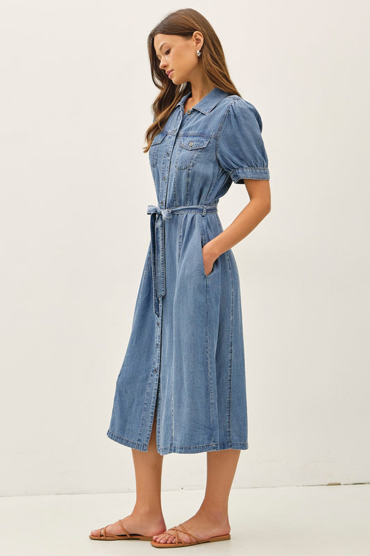 Puff Sleeved Denim Shirt Dress
