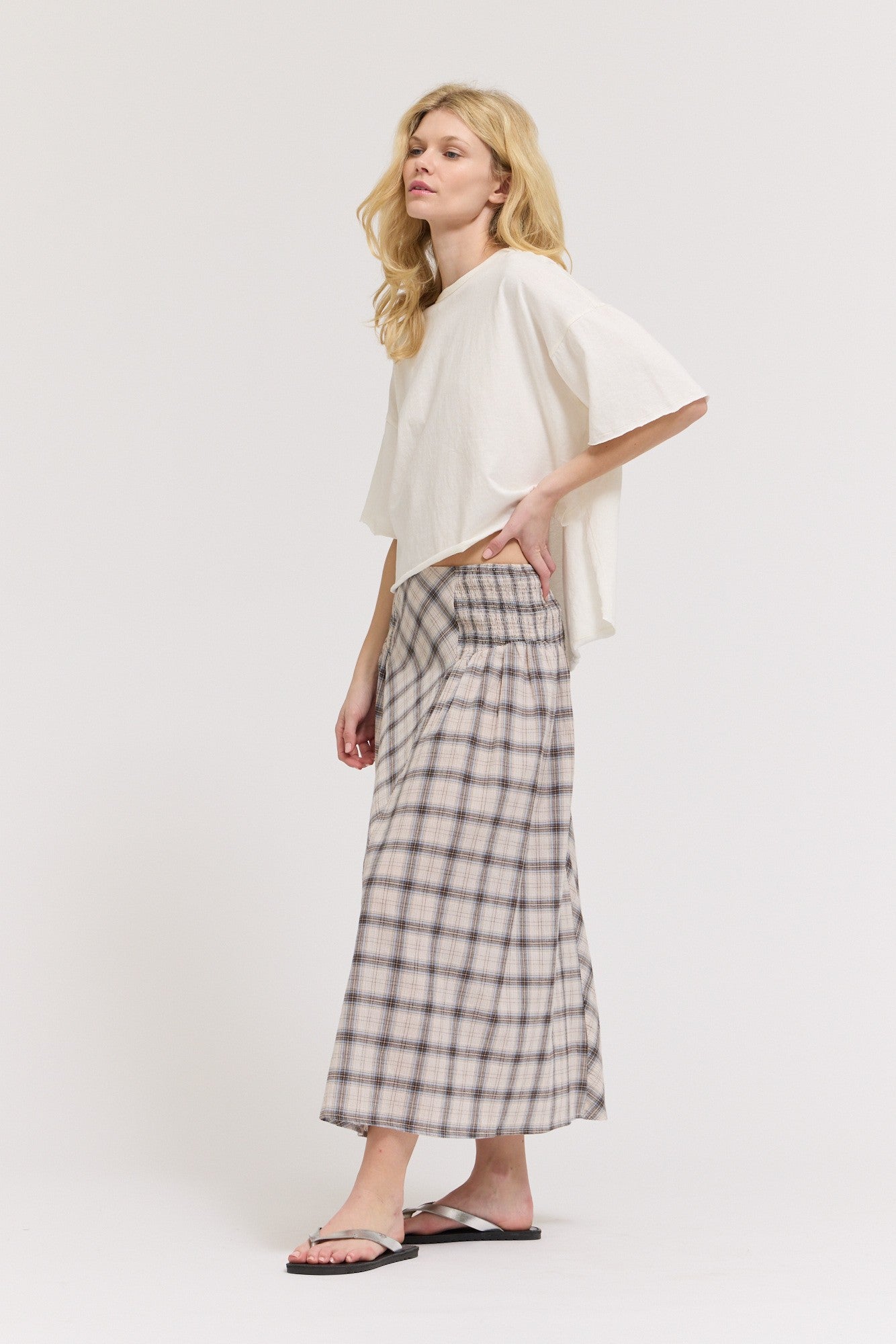 Smocked Yoke Plaid Skirt