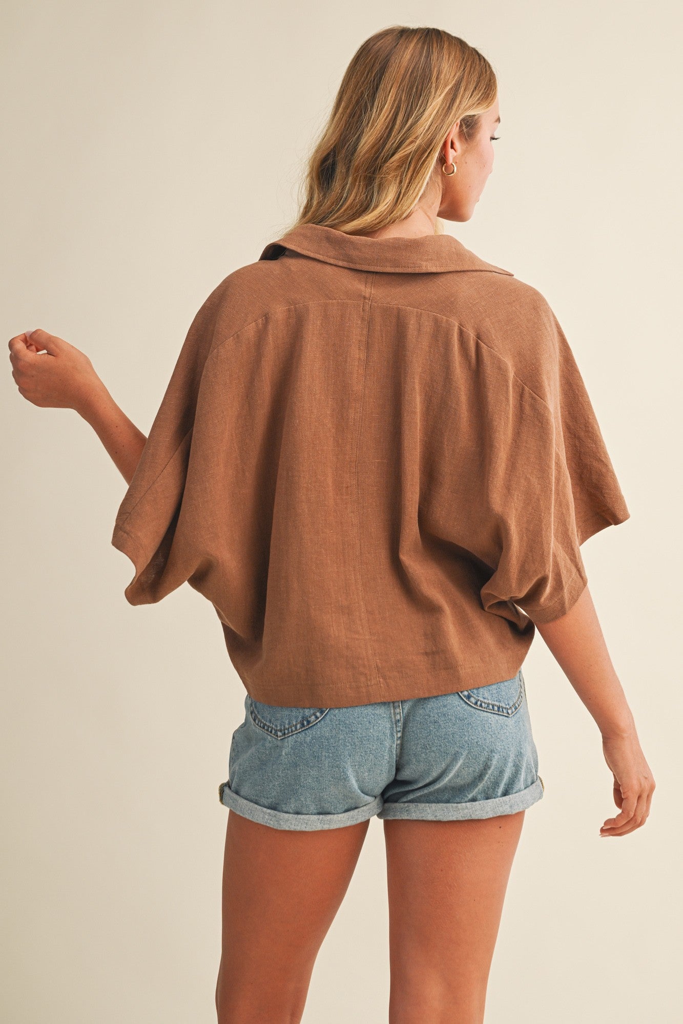 Textured Drape Sleeve Collared Blouse