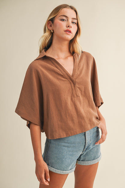 Textured Drape Sleeve Collared Blouse