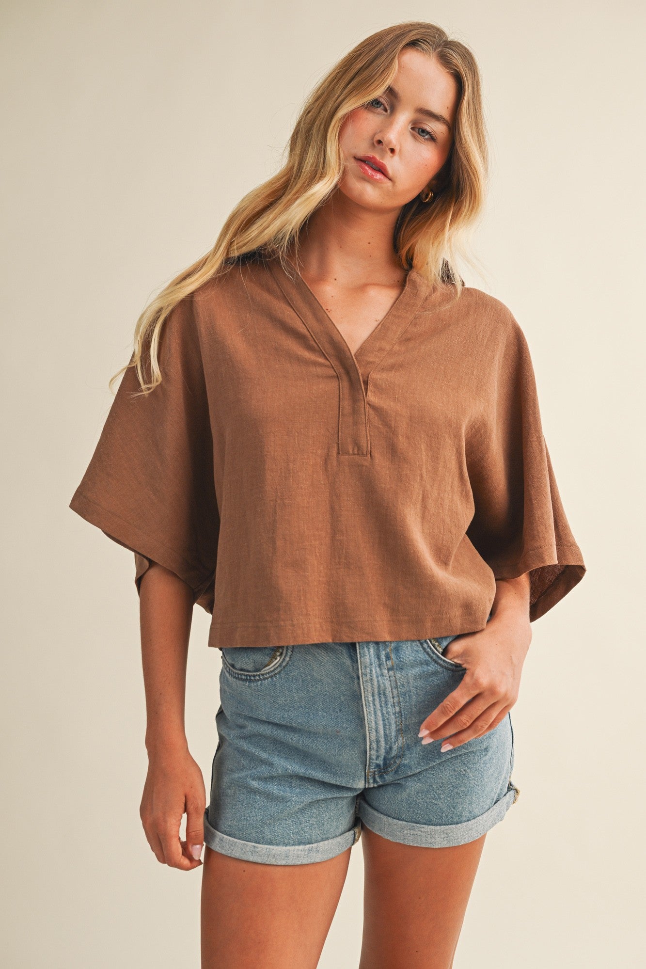 Textured Drape Sleeve Collared Blouse