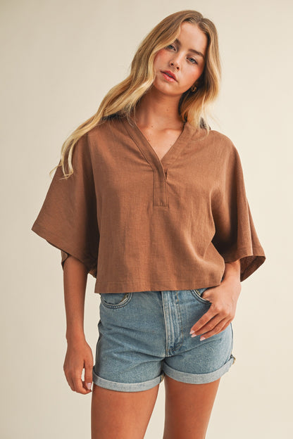 Textured Drape Sleeve Collared Blouse