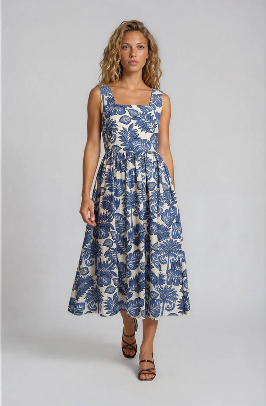 Tropical Print Blue Midi Dress