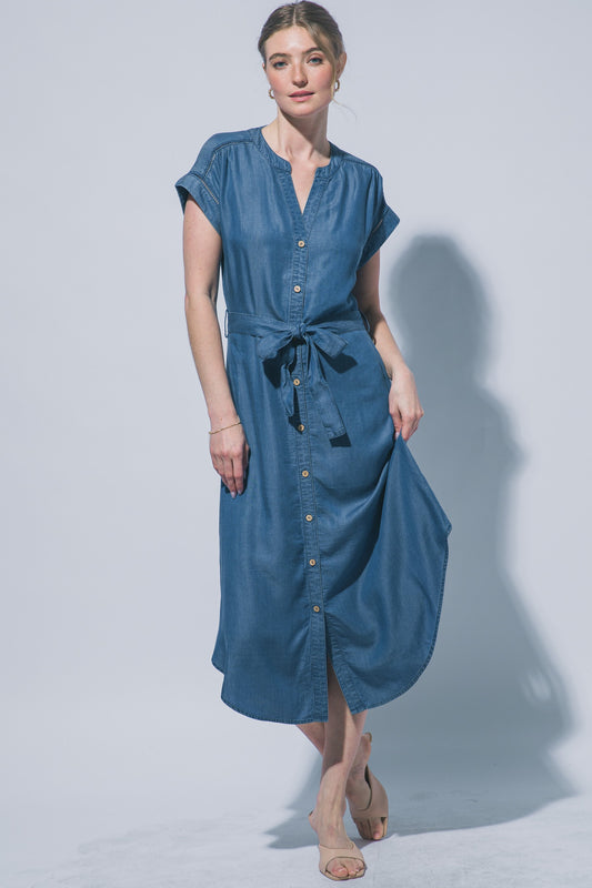 Chambray Tie Waist Midi Dress