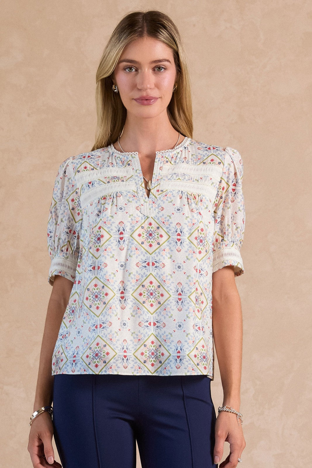 Split V-Neck with Lace Trim Top