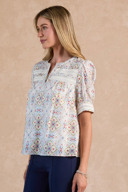 Split V-Neck with Lace Trim Top