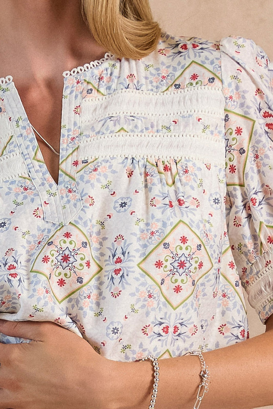 Split V-Neck with Lace Trim Top