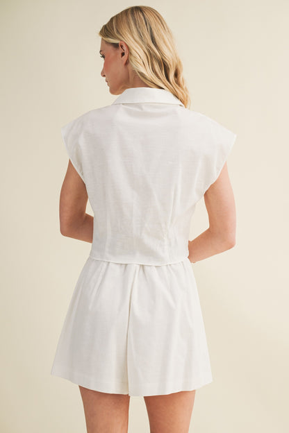 Collared V-neck Folded Waist Top