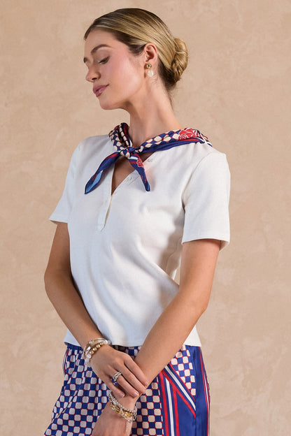 Short Sleeve Top with Printed Scarf