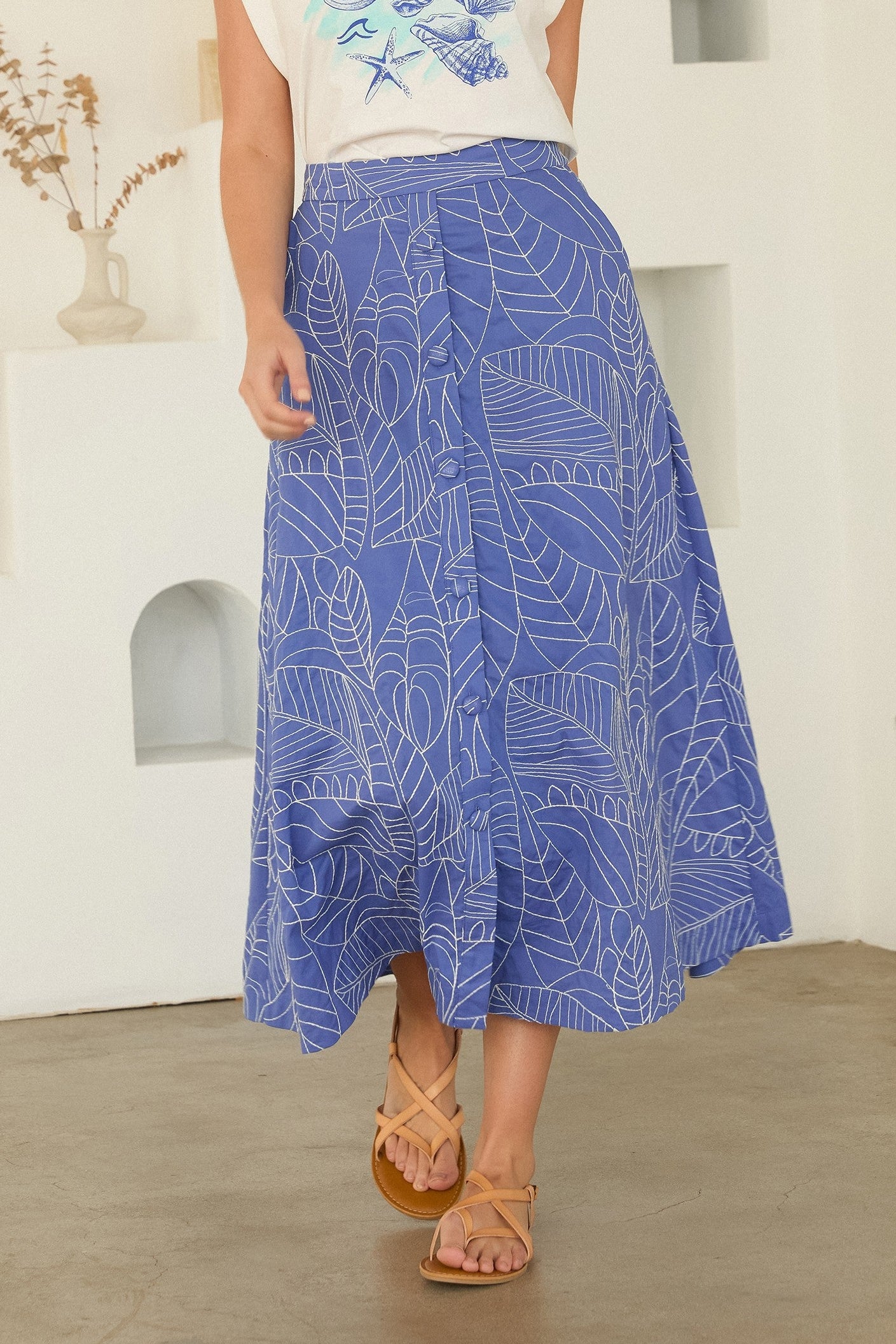 Poplin Button-Front Midi Skirt