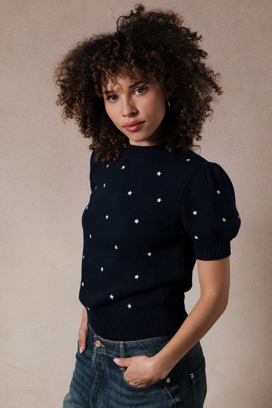 Puff Half Sleeve Star Embroidered Sweater Top