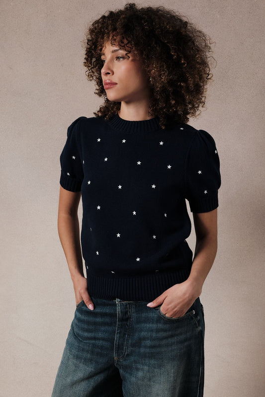 Puff Half Sleeve Star Embroidered Sweater Top